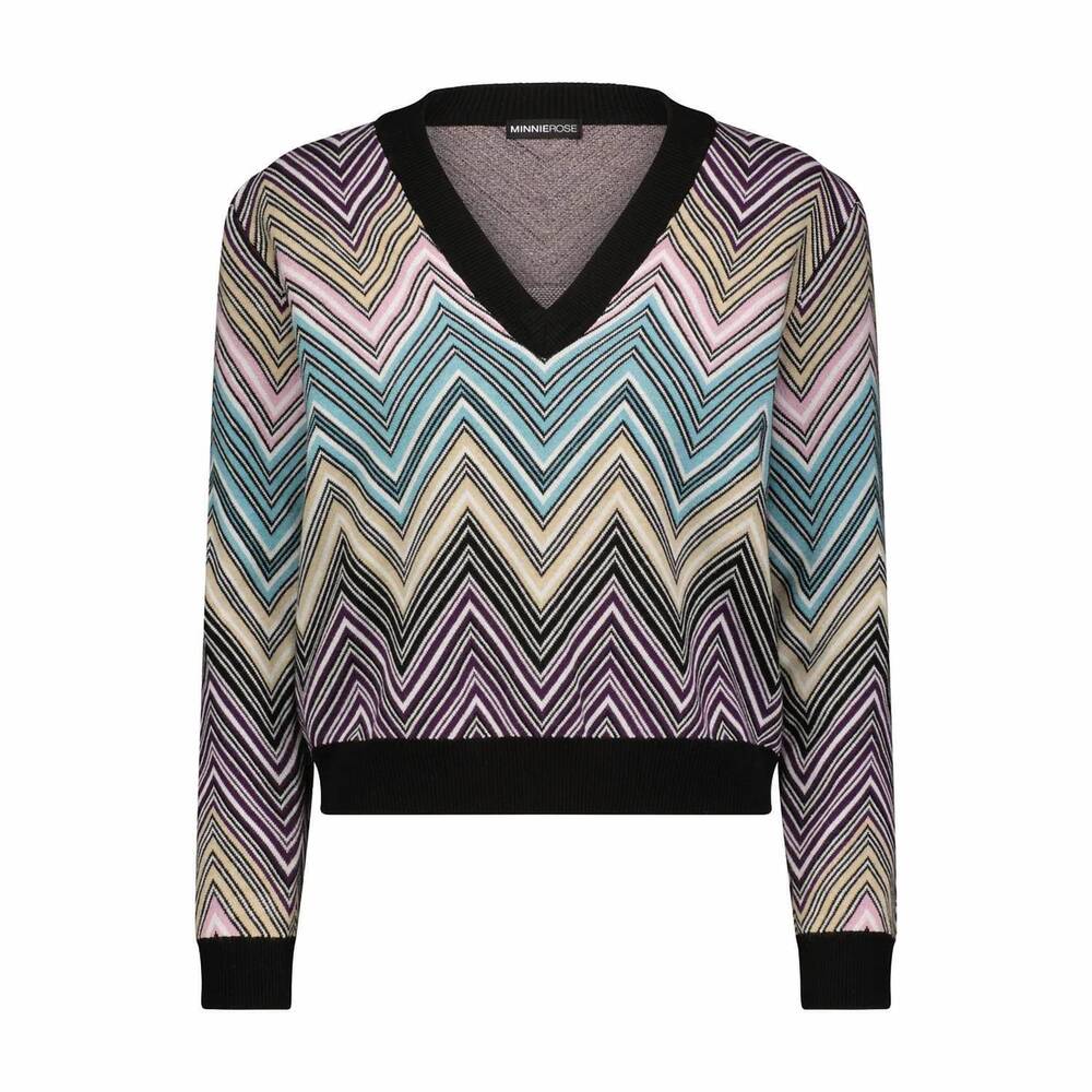 NEW MINNIE ROSE women's viscose chevron cropped v-neck sweater in multi combo